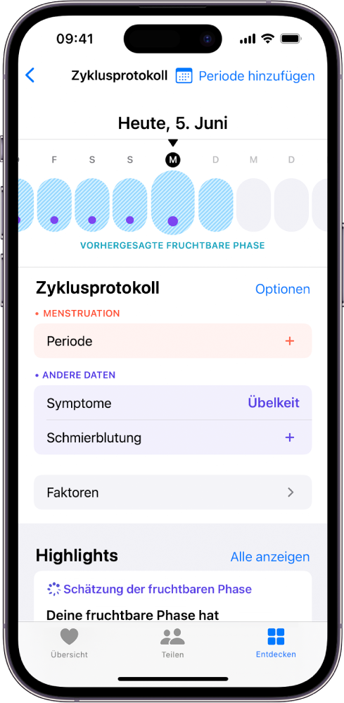 Der Bildschirm „Zyklusprotokoll“. Im oberen Bereich befindet sich eine Zeitleiste mit einer voraussichtlichen Fruchtbarkeitsphase. Unter der Zeitleiste befinden sich Optionen zum Hinzufügen von Informationen über Perioden, Symptome und mehr.