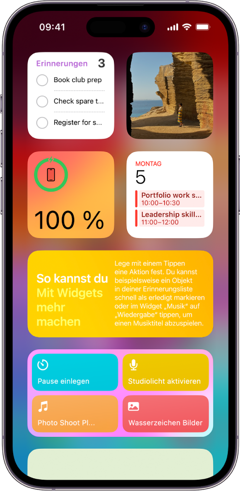 Widgets erscheinen in der Ansicht „Heute“, einschließlich der Widgets „Erinnerungen“, „Fotos“, „Batterie“, „Kalender“, „Tipps“ und mehr.