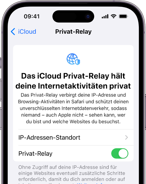 Der Bildschirm „Einstellungen“ zum Aktivieren oder Deaktivieren der Funktion „Privat-Relay“.