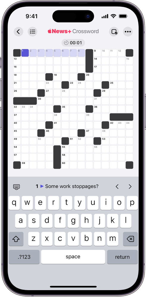 An unfilled crossword puzzle, with controls above and below it, and a keyboard open at the bottom.