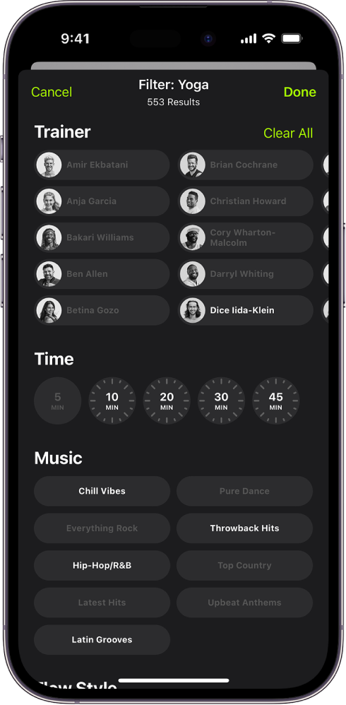 The Apple Fitness  screen showing options to sort and filter workouts. At the top of the screen is a list of trainers. Time intervals are in the center of the screen. Below time is a list of music genres.