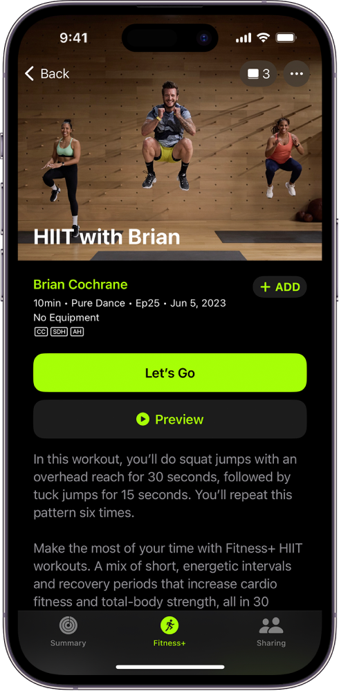 The Apple Fitness  screen showing a workout. An image of trainers performing a workout is at the top of the screen. The title of the workout and the name of the trainer leading the workout are in the center. The buttons to start and preview the workout are above the workout details.