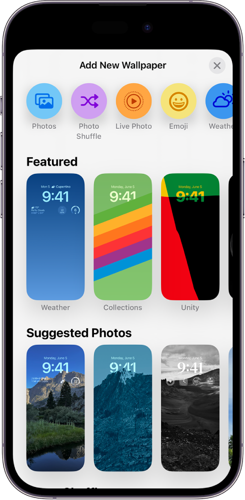 The Add New Wallpaper screen showing a gallery of wallpaper choices for customizing the iPhone Lock Screen, in categories such as Featured and Suggested Photos. At the top are buttons for adding photos, people, a photo shuffle, emoji, and a weather screen background to the Lock Screen.