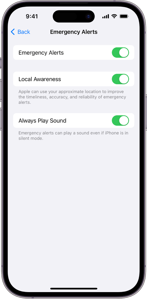 The Emergency Alerts screen, with Emergency Alerts, Local Awareness, and Always Play Sound turned on.