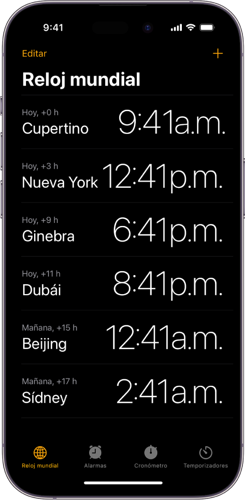 La pestaña Reloj mundial mostrando la hora en varias ciudades. El botón Editar cerca de la esquina superior izquierda te permite reordenar o eliminar relojes. El botón Agregar cerca de la esquina superior derecha te permite agregar más relojes. Los botones Reloj mundial, Alarma, Cronómetro y Temporizadores están en la parte inferior.