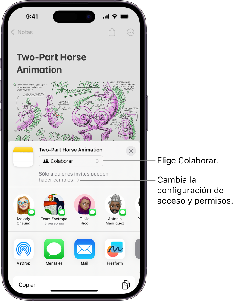 Una invitación a colaborar en un dibujo en Notas, mostrando que la colaboración está activa con la configuración de acceso y permiso Sólo tus invitados pueden hacer cambios. Cuatro posibles destinatarios, incluyendo un grupo, forman una fila debajo. La fila del área inferior ofrece diferentes formas de compartir la nota: AirDrop, Mensajes, Mail y Freeform.