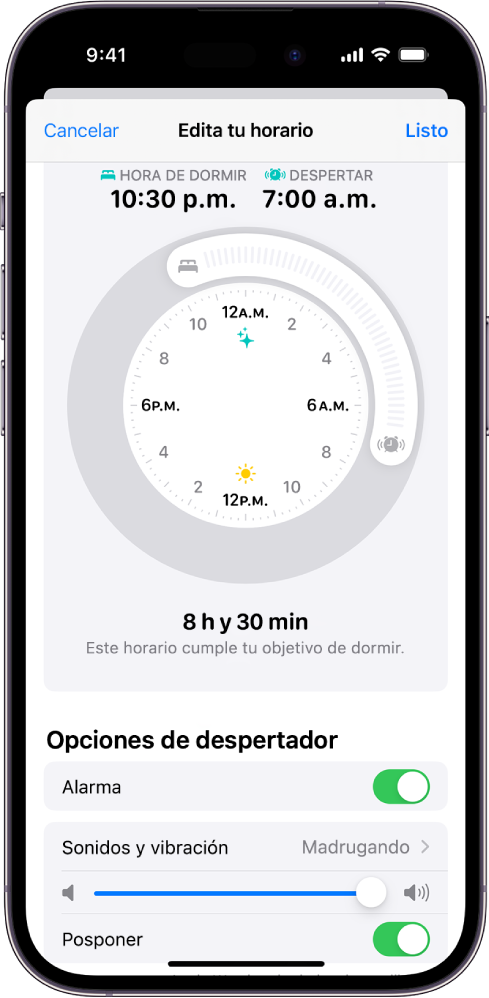 La pantalla Edita tu horario en Salud, con el reloj Hora de dormir y Despertador en la parte superior de la pantalla, y opciones de despertador en la parte inferior.