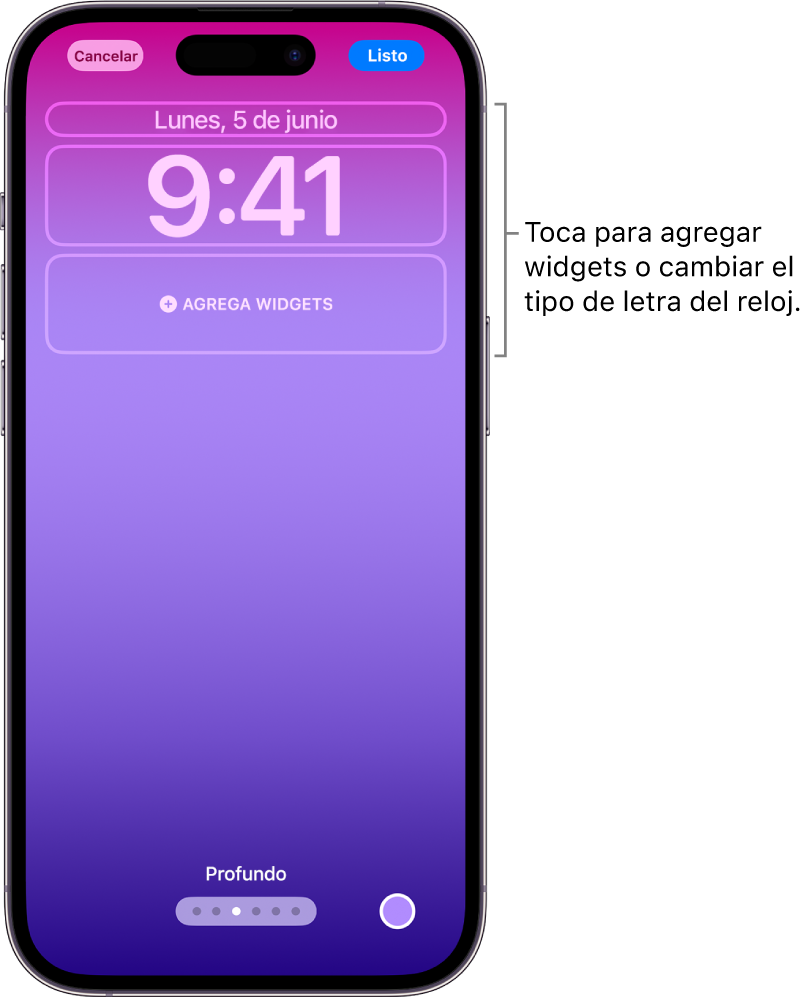 Una pantalla bloqueada personalizada en proceso de edición. Se seleccionaron los elementos disponibles para una mayor personalización: la fecha, la hora y un botón para agregar widgets.