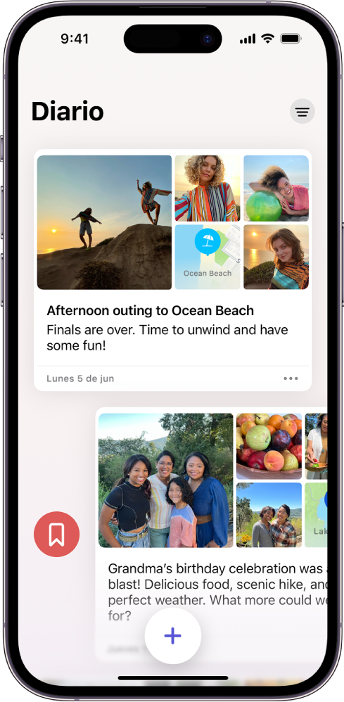 Una pantalla mostrando entradas del diario. Una entrada se desliza a la derecha y muestra el botón Agregar a marcadores.