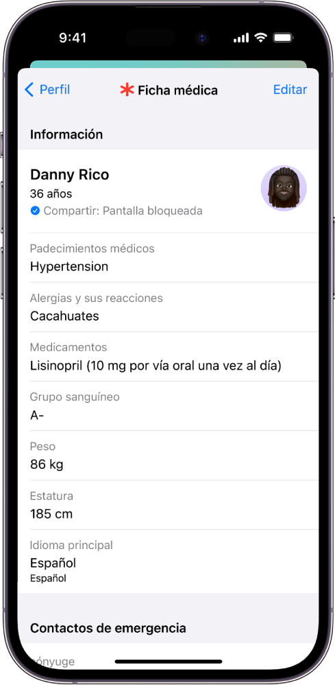 Pantalla de la ficha médica que contiene información como la fecha de nacimiento, los padecimientos médicos, medicamentos y un contacto de emergencia.