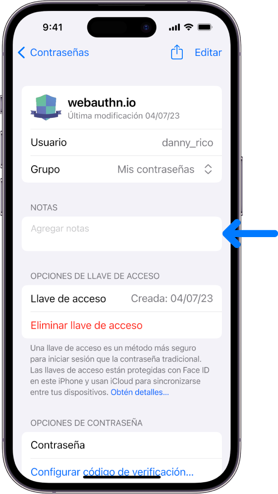 La pantalla de una llave de acceso en el llavero de iCloud, con información sobre la llave de acceso y un lugar para agregar y consultar notas.