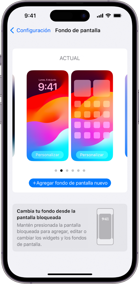 La pantalla de Configuración de fondo de pantalla, con botones para personalizar el fondo de la pantalla de inicio y la pantalla bloqueada actuales, y el botón Agregar nuevo fondo de pantalla para cambiar el fondo de pantalla.