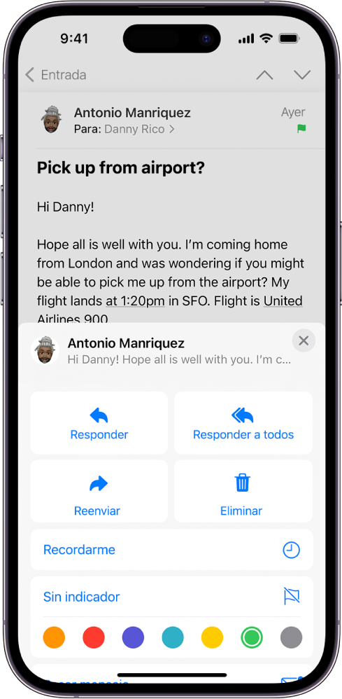 Un correo electrónico muestra las opciones de respuesta en la mitad inferior de la pantalla, incluidos el botón para quitar el indicador y las opciones de color para los indicadores.