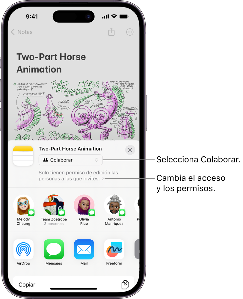 Una invitación de colaboración a dibujar en la app Notas, que muestra la opción para compartir Colaborar y la opción “Solo pueden editarlo las personas a las que invites” como el ajuste de acceso y de permisos. Debajo de eso hay una fila con cuatro posibles destinatarios, incluido un grupo. La fila inferior ofrece varias formas de compartir la nota: AirDrop, Mensajes, Mail y Freeform.