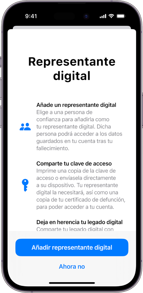 La pantalla “Representante digital”, con información sobre la función. El botón “Añadir representante digital” se encuentra en la parte inferior.