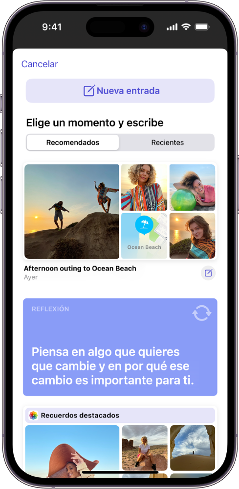 Pantalla con el botón “Nueva entrada” en la parte superior y sugerencias de escritura debajo.