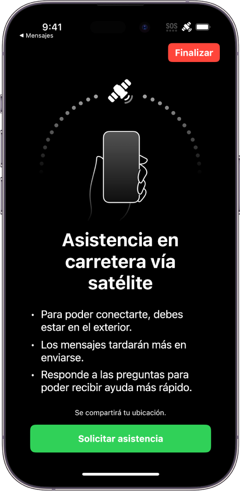 Pantalla “Asistencia en carretera vía satélite”. El botón “Solicitar asistencia” está en la parte inferior de la pantalla.