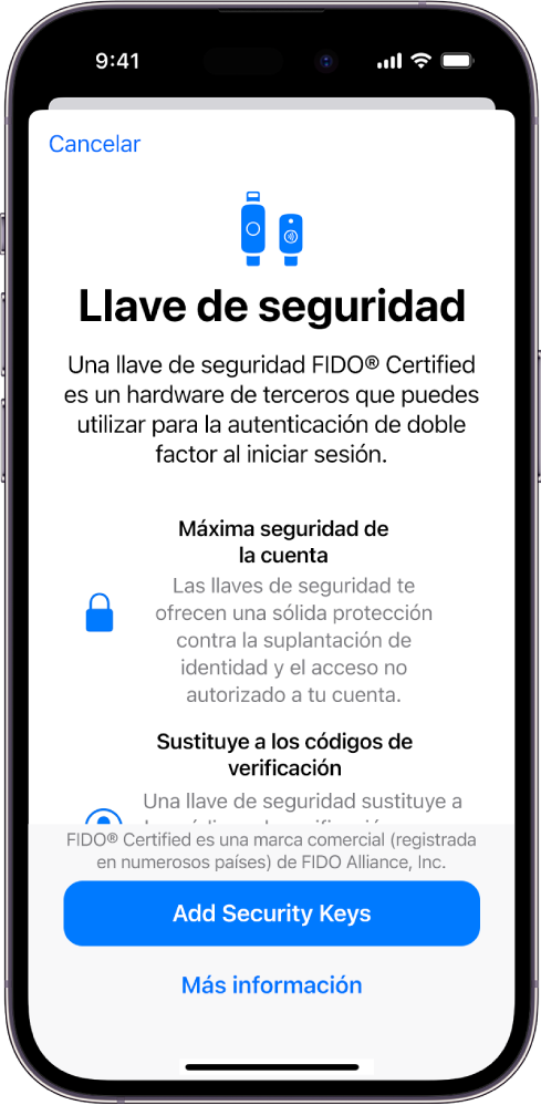 La pantalla de bienvenida de las llaves de seguridad. Cerca de la parte inferior está el botón “Añadir llaves de seguridad” y un enlace “Más información”. Sobre ellas hay un texto explicativo sobre las ventajas de utilizar llaves de seguridad.