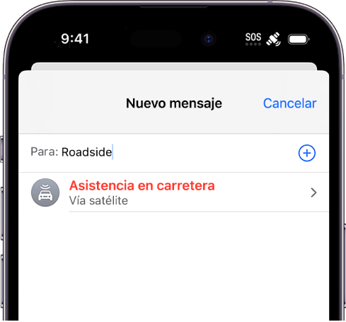 Se dirige un nuevo mensaje a “carretera”. Debajo hay un enlace para “Asistencia en carretera vía satélite”.