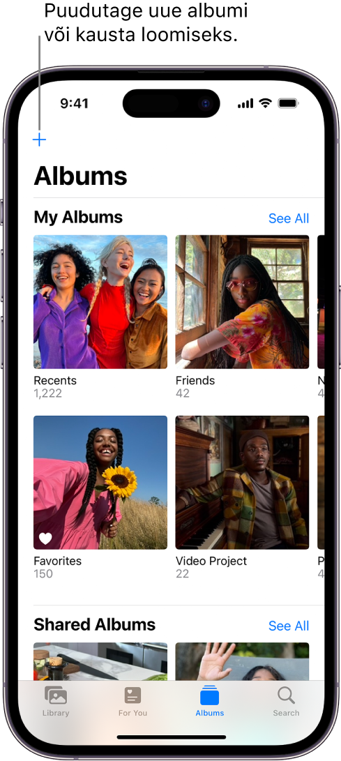 Ekraani allservast on valitud vahekaart Albums ning Albums-kuvas on pealkirjade My Albums ja Shared Albums all mitu albumit. Pealkirja My Albums kõrval on nupp See All. Ekraani ülemises vasakus nurgas on nupp Add.