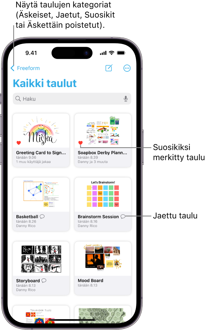 Freeformin Kaikki taulut -näyttö on avoinna, ja siinä näkyy kahdeksan tauluminiatyyriä.