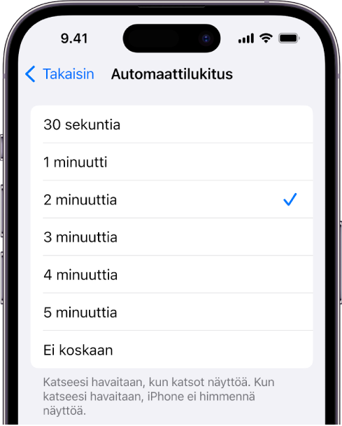 Automaattilukitus-näyttö, jossa on asetukset ajalle ennen iPhonen automaattista lukkiutumista.