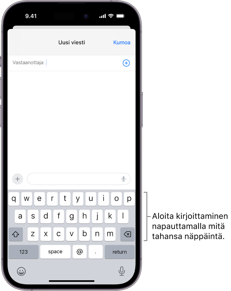 Mail-apissa on auki tyhjä sähköpostiviesti. Näytöllä näkyvä näppäimistö on näytön alareunassa.