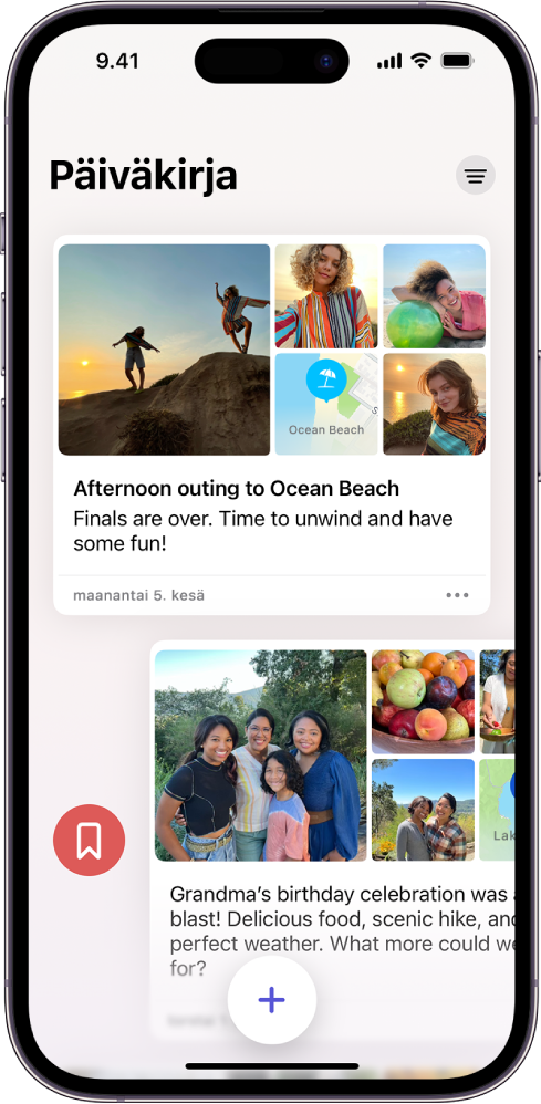 Näyttö, jossa näkyy päiväkirjamerkintöjä. Yhtä merkintää pyyhkäistään oikealle, ja näkyvissä on Kirjanmerkki-painike.