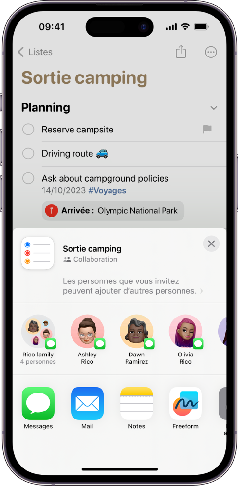 Une liste dans Rappels avec des options de collaboration au premier plan. Vous pouvez choisir une personne dans vos contacts et démarrer la collaboration sans Messages ou Mail.