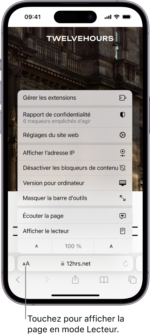 Le menu « Réglages de la page ». En bas du menu se trouve l’option « Afficher le lecteur ».