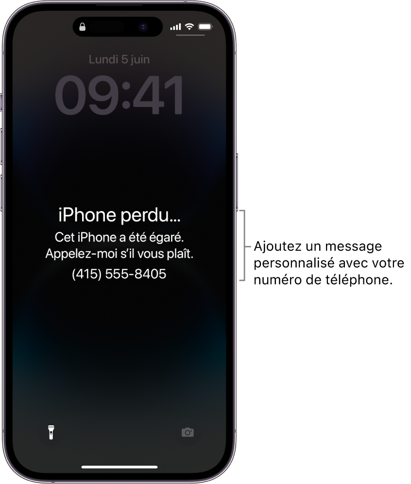 Écran verrouillé d’un iPhone avec un message indiquant que l’iPhone a été égaré. Vous pouvez ajouter un message personnalisé avec votre numéro de téléphone.