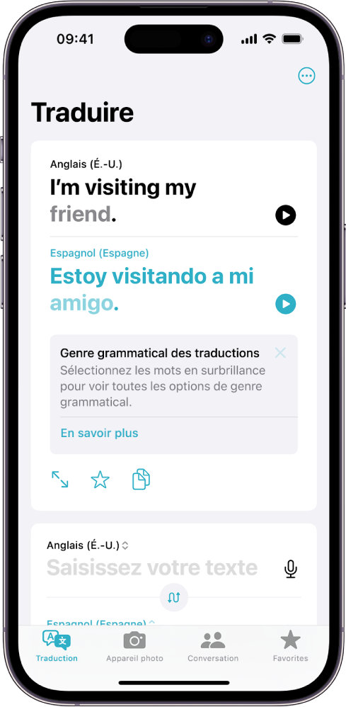 Onglet Traduction montrant une phrase traduite de l’anglais vers l’espagnol, et un mot avec différentes variations de genre surligné en gris.