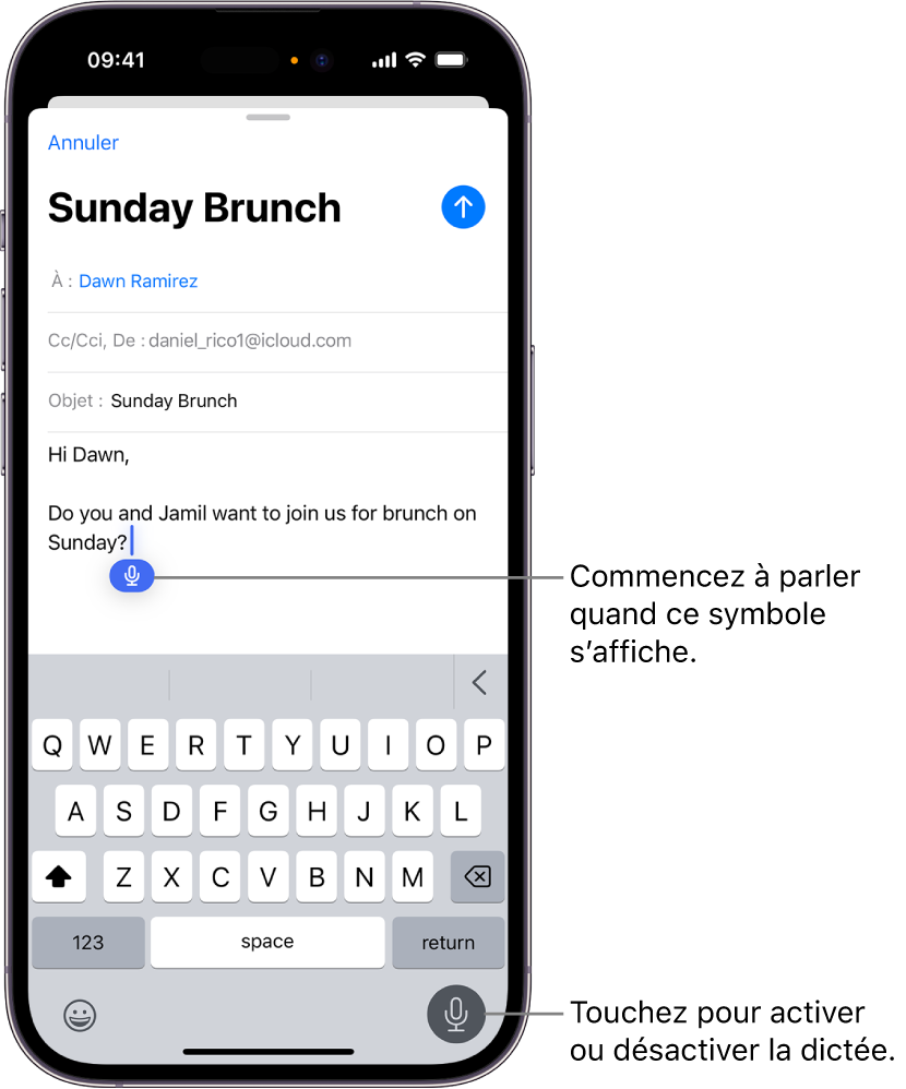 Le clavier à l’écran est ouvert dans l’app Mail. Le bouton Dictée dans le coin inférieur droit de l’écran est sélectionné et le bouton Dictée apparaît sous le point d’insertion dans le champ de texte.