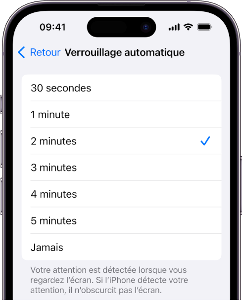 L’écran de verrouillage automatique, avec les réglages de la durée avant laquelle l’iPhone se verrouille automatiquement.