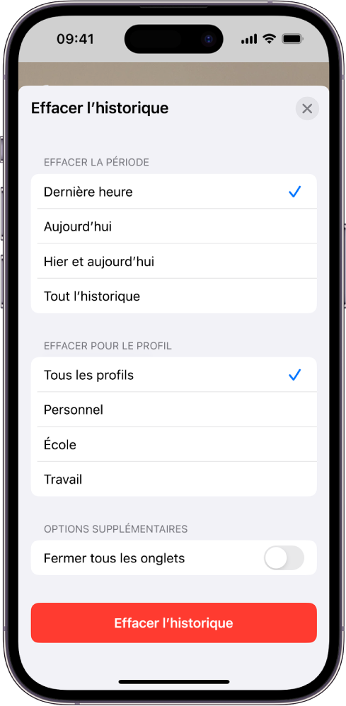 Le menu « Effacer l’historique ». Sous « Effacer la période », l’option « Dernière heure » est sélectionnée. L’option « Tous les profils » est sélectionnée sous « Effacer pour le profil ». Le bouton « Effacer l’historique » apparaît au bas de l’écran.