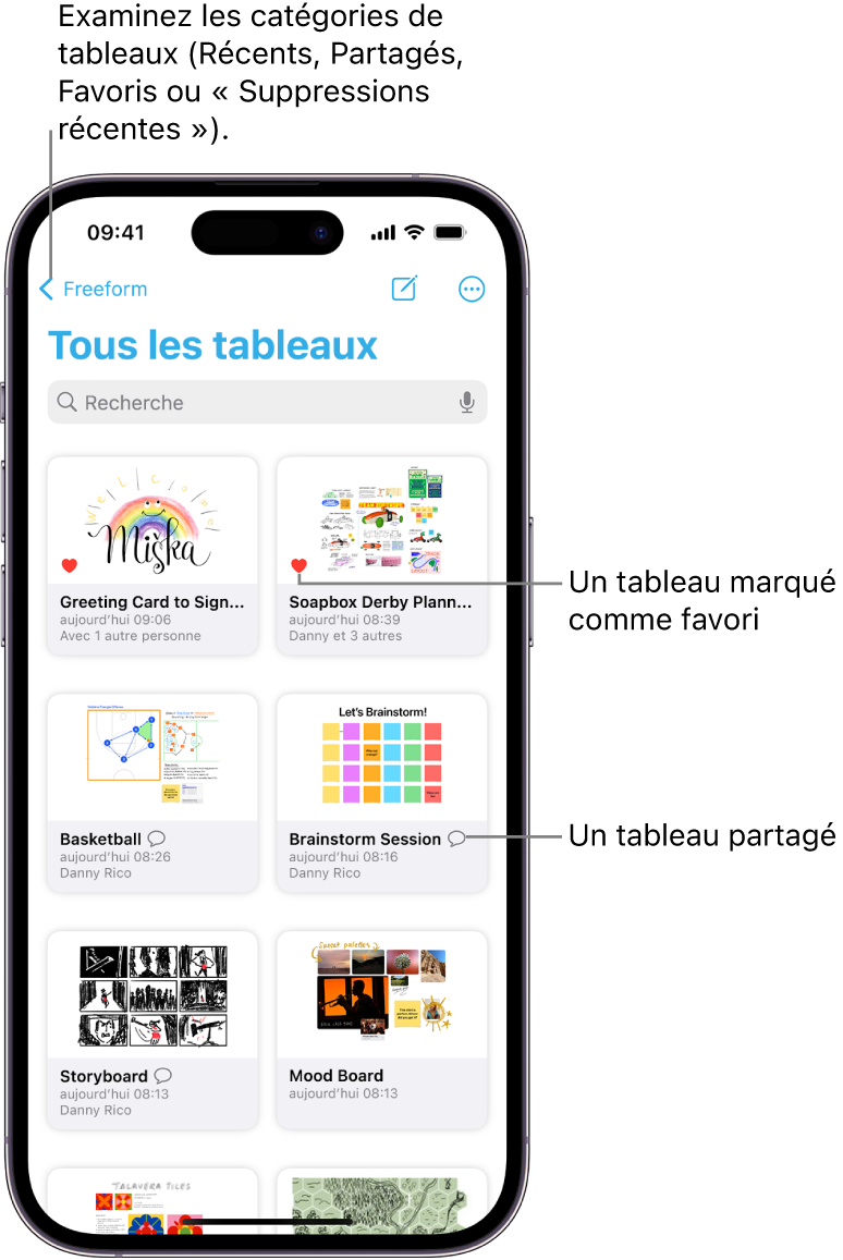 L’écran « Tous les tableaux » de Freeform est ouvert et affiche huit vignettes de tableau.