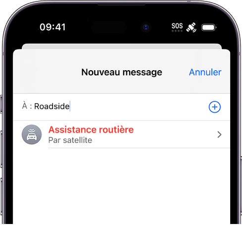 Un nouveau message adressé à « assistance ». En dessous se trouve un lien vers Assistance routière par satellite.