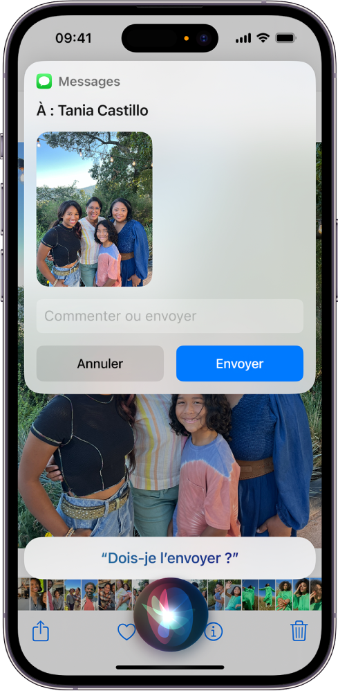 Un écran d’iPhone avec l’indicateur d’écoute de Siri en bas au centre et, au-dessus, la réponse de Siri sous la forme d’un message texte prêt à être envoyé.