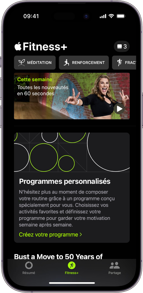 L’écran Apple Fitness  affichant différents types d’exercices et une zone dans laquelle vous pouvez créer un programme personnalisé.