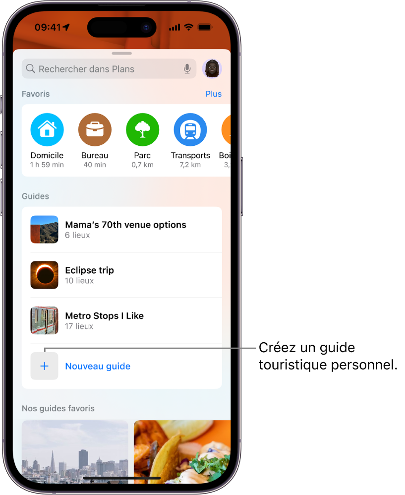 Fiche de recherche dans Plans affichant plusieurs guides personnalisés répertoriés sous « Mes guides » ainsi que le bouton « Nouveau guide » en bas de l’écran.