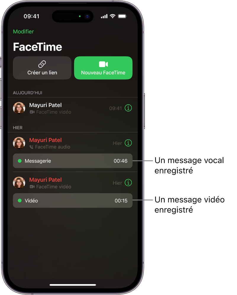 L’historique des appels, avec des liens vers un message vidéo enregistré et un message vocal.