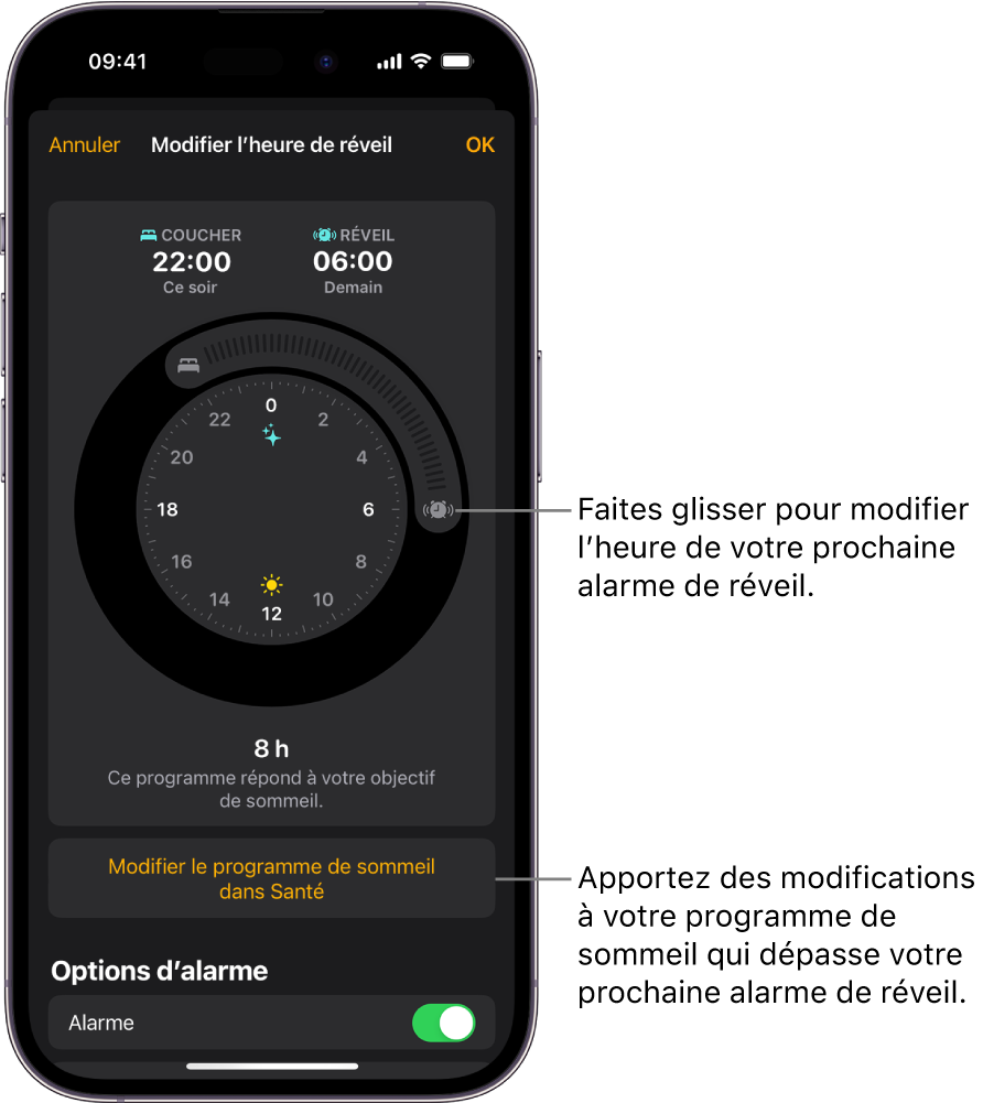 Un écran permettant de modifier l’alarme de réveil du lendemain, avec des boutons à faire glisser pour modifier les heures de coucher et de réveil, un bouton pour modifier le programme de sommeil dans l’app Santé, et un bouton pour activer ou désactiver l’alarme de réveil.