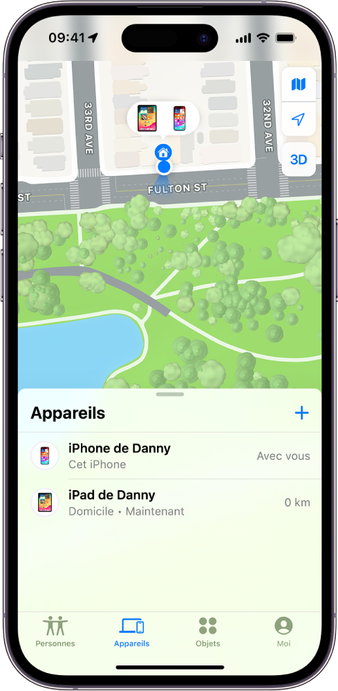 L’écran Localiser affichant deux appareils au domicile.