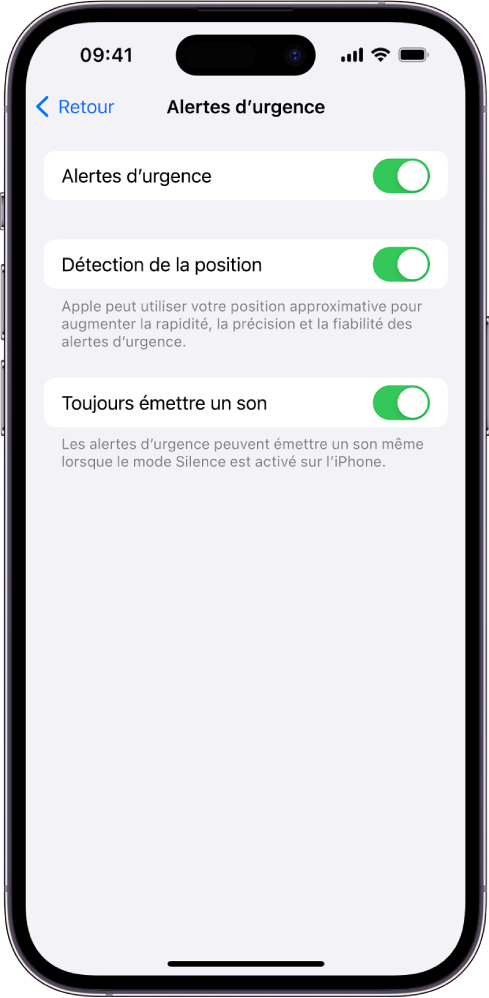 L’écran d’« Alertes d’urgence », avec « Alertes d’urgence », « Détection de la position » et « Toujours émettre un son » activés.