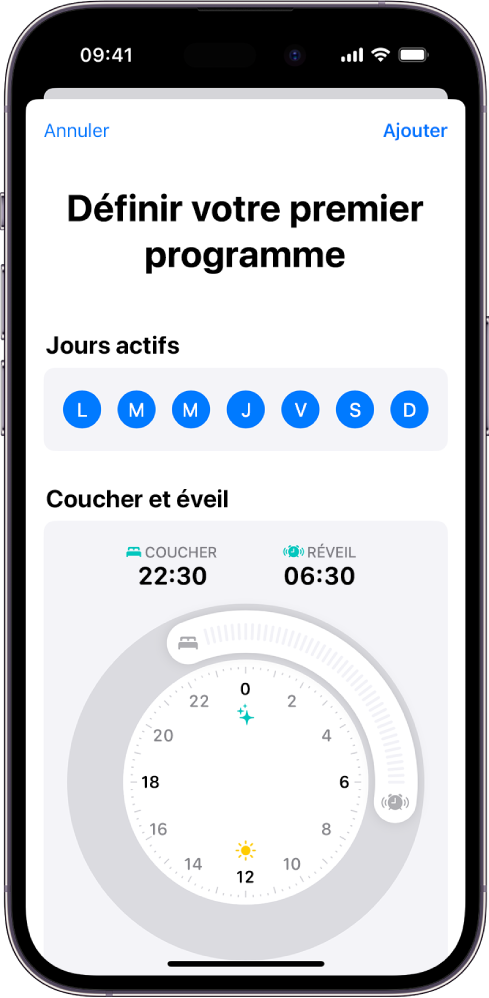 L’écran « Définir votre premier programme » dans Santé, avec une section « Jours actifs » et des heures Coucher et Réveil.