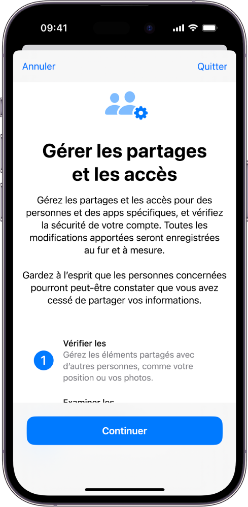 L’écran « Gérer les partages et les accès » de « Contrôle de sécurité » dans Réglages.