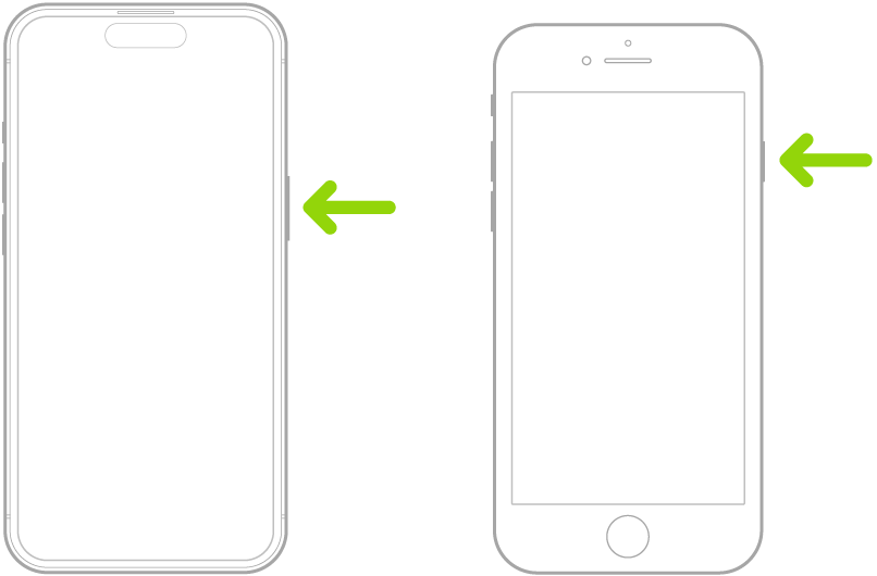 Une flèche verte pointant vers le bouton sur le côté droit de l’iPhone.