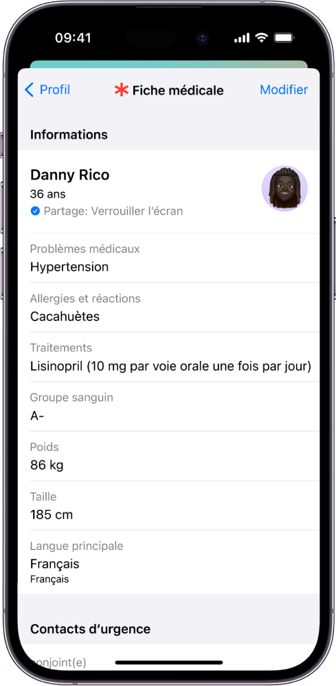 Écran Fiche médicale contenant des informations, notamment la date de naissance, les problèmes médicaux, les traitements et un contact en cas d’urgence.