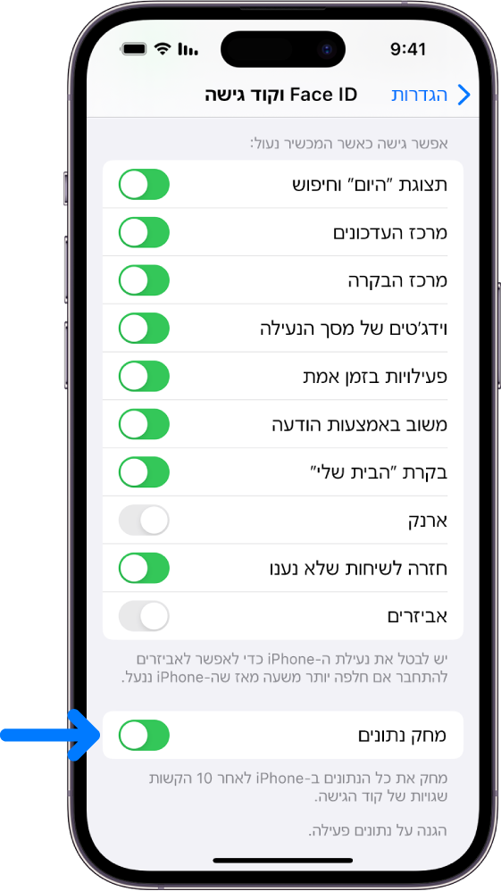 הפקד ״מחק נתונים״, שממוקם בתחתית מסך ״Face ID וקוד גישה״ ב״הגדרות״.