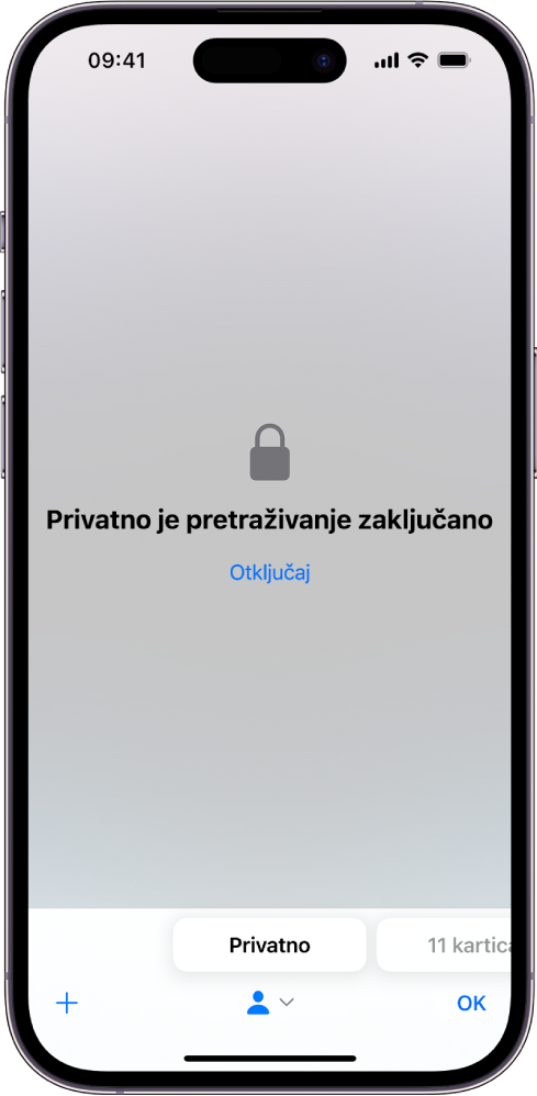 Safari je otvoren za Sigurno pretraživanje. U sredini zaslona nalaze se riječi Private Browsing Is Locked (Sigurno pretraživanje je zaključano). Ispod toga je tipka za otključavanje.